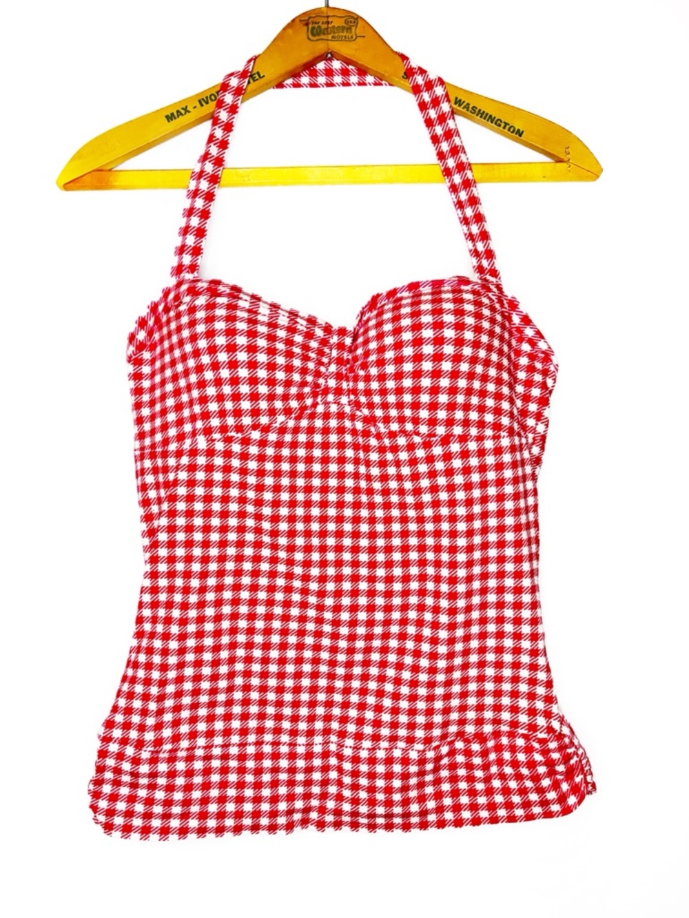 Energie Red and White Cotton Gingham Halter Top with Built in Bra -XL-